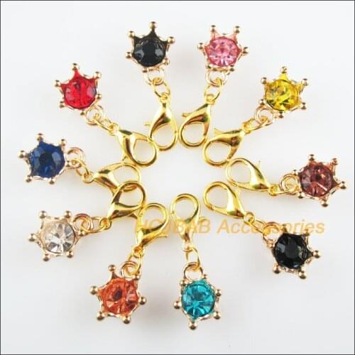 10Pcs Gold Color Crown Retro Mixed Round Crystal 11x13.5mm With Lobster Claw Clasps Charms