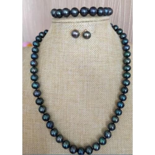 Beautiful 9-10 mm Tahaitian Black Pearl Necklace 18" earring bracelet 8" Yellow clasp set