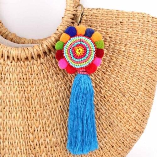 Seed Beaded Wrapped Round Silk Tassel Pom Pom Key Chain 2021 New Rainbow Boho Keychain Fashion Women Bag Pendant Accessories