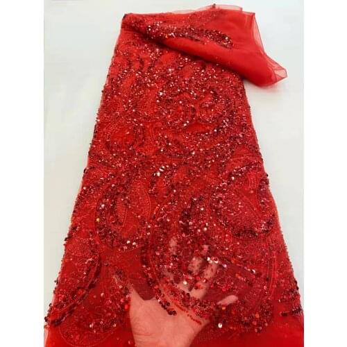 Handmade Beaded Lace Fabric French Wedding Dress Latest Nigeria Embroidery Net lace Red French Tulle Lace With Sequins for Dress