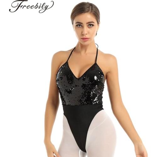 Fashion Summer Womens Sexy Bodysuit Halter Sleeveless Backless Shiny Sequins Leotard Ladies Club Party Rave Performance Costume