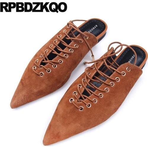 Slippers flats mules italian pointed toe slip on brown lace up suede designer shoes women luxury 2019 genuine leather sandals