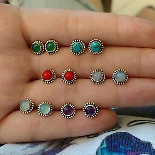 Modyle 6sets/lot Fashion Bohemia Vintage Opal Stud Earrings Set for Woman