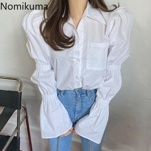 Nomikuma Korean Chic Puff Sleeve Shirts Women Solid Color Turn Down Collar Single Breasted White Blouse Chic Elegant Tops Blusas