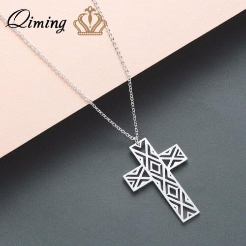 QIMING Stainless Steel Cross Necklae Men Women Jesus Christ The Son Of God Couple Friendship Necklaces Pendants Gift