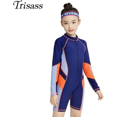 Trisass Professional Sports Long Sleeve One Piece Bathing Suit For Girls Plus Size Childrens Swimsuit Short Pants Kids Swimwear