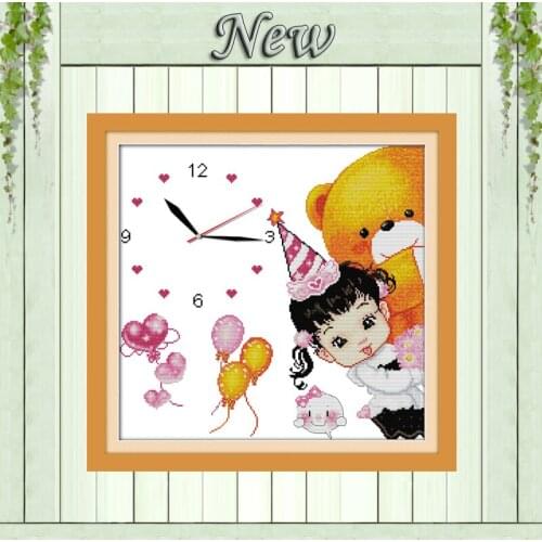 Happy party girl bear cartoon clock paintings counted print on canvas DMC 14CT 11CT Cross Stitch Needlework Sets Embroidery kits