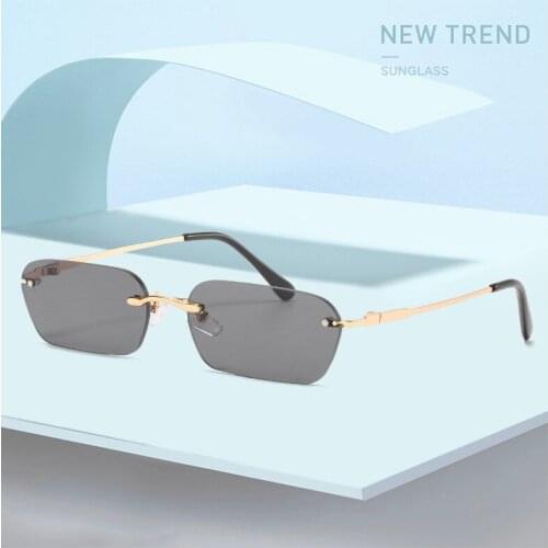 2021 gold square frame sunglasses rimless men metal grey green retro sun glasses for women frameless uv400 light color