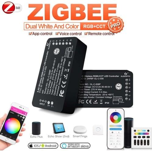 GLEDOPTO DC 12V 24V RGB+CCT Zigbee 3.0 smart LED strip Controller Pro + 6 Zone RF Remote Control For Echo plus smartThings HU-E