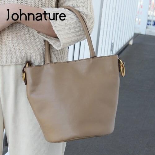 Johnature Simple Genuine Leather Women Bucket Bag 2021 New Versatile Handbag Casual Soft Cowhide Shoulder & Crossbody Bags