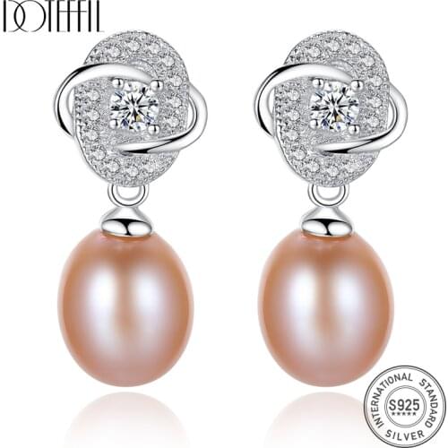 DOTEFFIL Earrings Natural Freshwater Pearl 925 Sterling Silver Flower Zircon Inlay Earrings Pearl Jewelry Women Wedding/Party