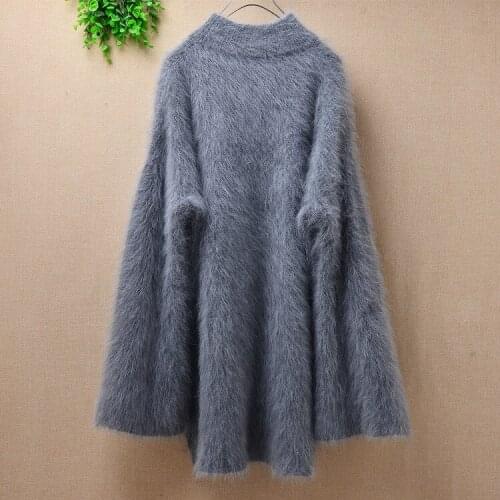 Top Korean winter women loose solid color medium-long long sleeve angora rabbit fur knitted sweater casual Pullover blouses