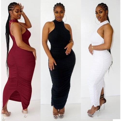 Echoine Sleeveless Skinny Pleated Stacked ruched Split Midi Long Dress Bodycon Fitness Vintage Elegant Dresses Summer Vestidos