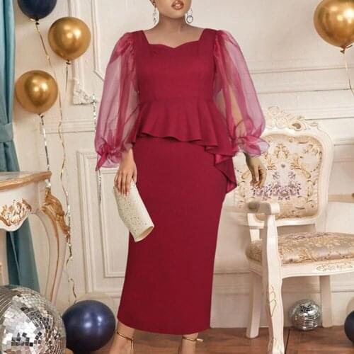 Square Collar Splicing Perspective Net Yarn Long Sleeve High Waist Buttocks Womens Dress 2021 Summer New Temperament Commute