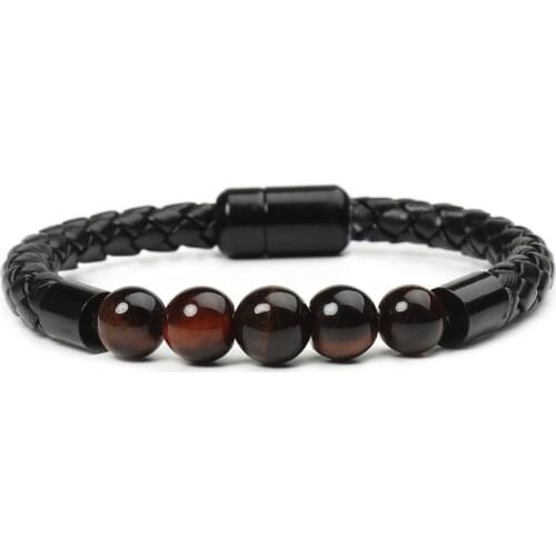 ZV Handmade Cowhide Leather Lava Chakra Stone Beads Black Stainless Clasp Bracelets For Men Women Jewelry Gift