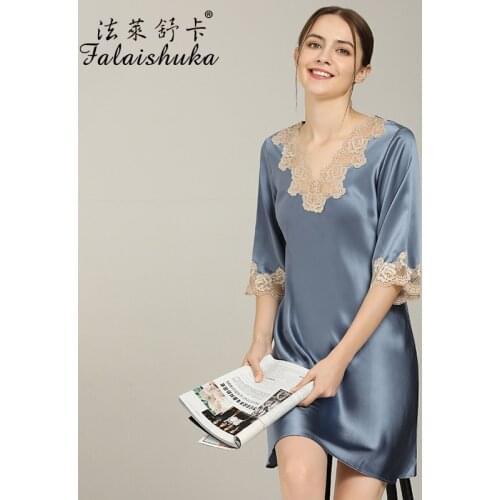 16 momme 100% silk sleepdress woman half-sleeve sexy lace night dress noble pure silk nighshirts women sleepwear S5694
