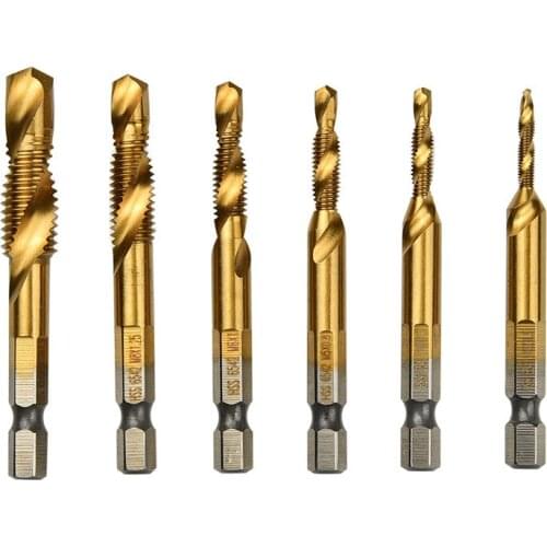 6Pcs M3-M10 Screw Tap Drill Bits HSS Deburring Tapping Set Metric Hex High Speed Steel Titanium Coated Drill Bit Hand Tools