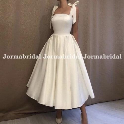 White Satin Short Wedding Dresses 2021 Strapless Bow Straps Tea Length Bridal Dress Simple Drapped Skirt Wedding Party Gowns