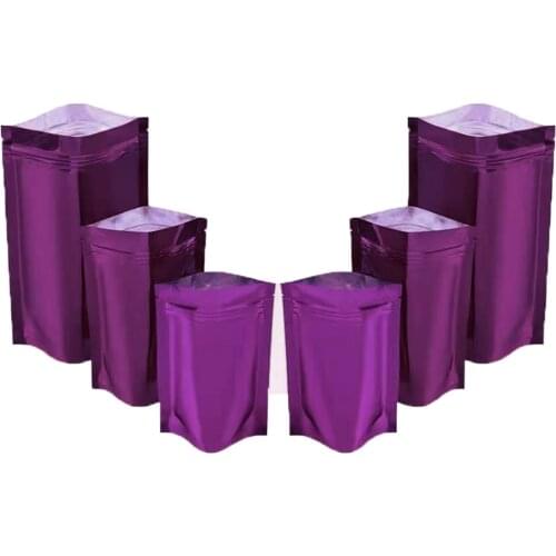 100Pcs Glossy Purple Zip Lock Stand Up Mylar Foil Bag Food Coffee Bean Tea Snack Packaging Pouches Grip Self Seal Reclosable