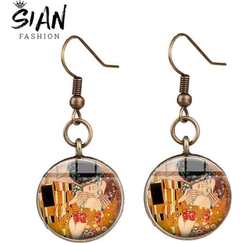 SIAN Romantic Gustav Klimt The Kiss Earrings Art Painting Handcrafted Crystal Time Gem Long Earring Lovers Valentines Day Gift