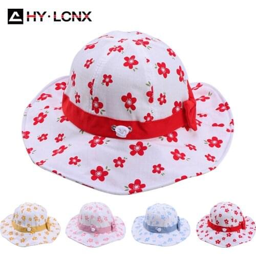 Spring Girl Cotton Breathable Flower Printing Sun Bucket Hat Child Outdoor Light Thin Big Brim Bowknot Decorated Fisherman Hat