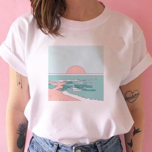 Aesthetic Tshirts Short Sleeve Casual White Top Tee Female Harajuku T-Shirts Great Wave and Sunrise Printed Woman Clothes