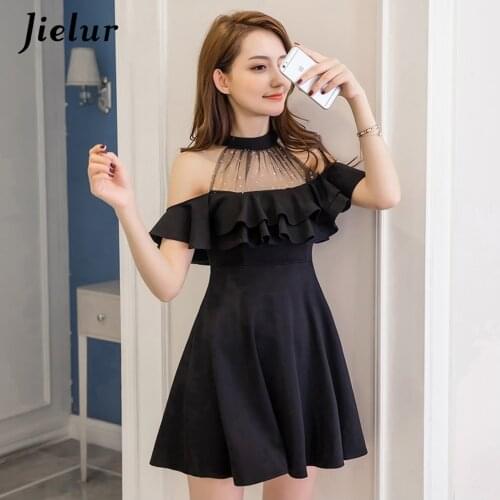 Jielur Elegant Lace Off Shoulder Women Dress Summer Korean Hipster Black White Sexy Party Slim Ruffles A Line Dress Vestidos