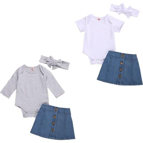 2020 Casual Baby Girl Clothing Summer Autumn New 0-24M Short/Long Sleeve Cotton Solid Romper Top+Button Denim A-line Skirt 3pcs