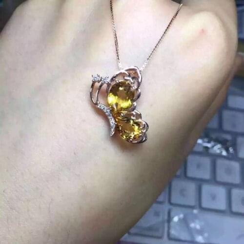 Natural citrine pendant S925 silver Natural yellow crystal Pendant Necklace trendy Elegant lovely butterfly women party jewelry