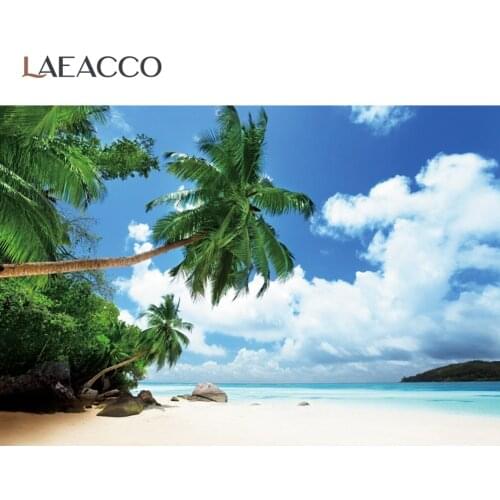 Laeacco Summer Tropical Backdrops Photography Palmes Tree Seaside Beach Blue Sky Cloudy Scenic Photo Background Photo Backdrops