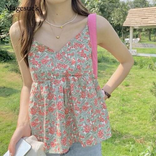Summer 2021 Print Floral Shirt Women Cotton V-neck Sling Shirts for Women Casual Blouse Slim Sleeveless Female Tops Blusa 14861