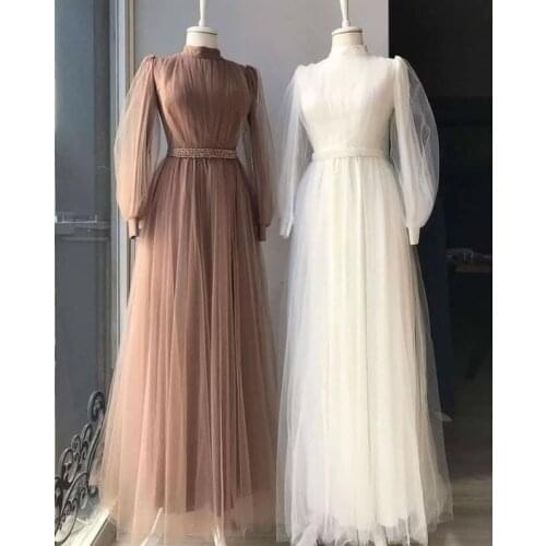 Long Sleeve Muslim Prom Dress 2021 High Neck Beade Sash A Line Tulle Saudi Arabic Evening Formal Party Ball Gowns