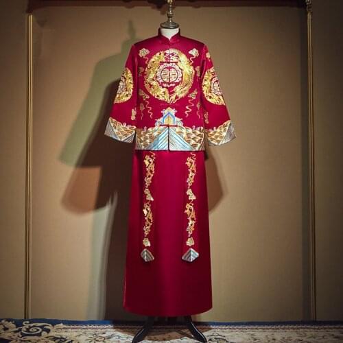 Male Red Cheongsam Toast Costumes Grooms Dress Dragon Gown Traditional Chinese Style Wedding Qipao Men Embroidery Tang Suit