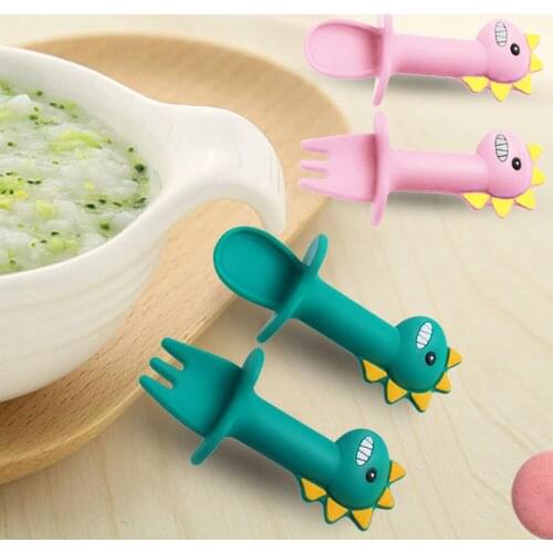Baby Silicone Short Handle Fork Spoon Set Teether Toy Baby Learning Training Supplementary Food Spoon Dinosaur Model Tableware