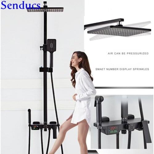 Senducs Black Digital Shower Set Qualtiy Brass Digital Shower Faucet Rainfall Shower Head Inwall Mounted Black Shower Sprayer