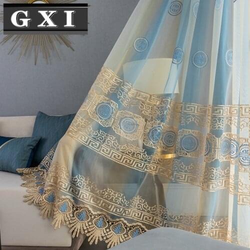 GXI New Chinese Classic Luxury Geometric Embroidery Tulle for Living Room Bedroom Kitchen Sheer Window Curtain Drapes