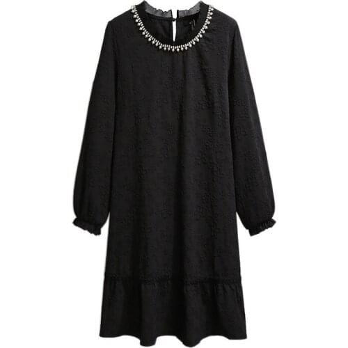 New Ladies Autumn Winter Plus Size Midi Dress For Women Large Long Sleeve Loose Black Jacquard Weave Dress 3XL 4XL 5XL 6XL 7XL