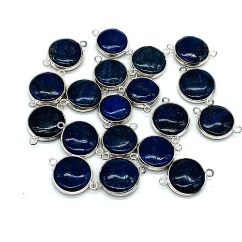 Blue Color 14 MM Charm Pendant Nature Stone Lapis Rimmed with Metal Two-Eared For Women Bracelet Necklace Fashion Jewelry