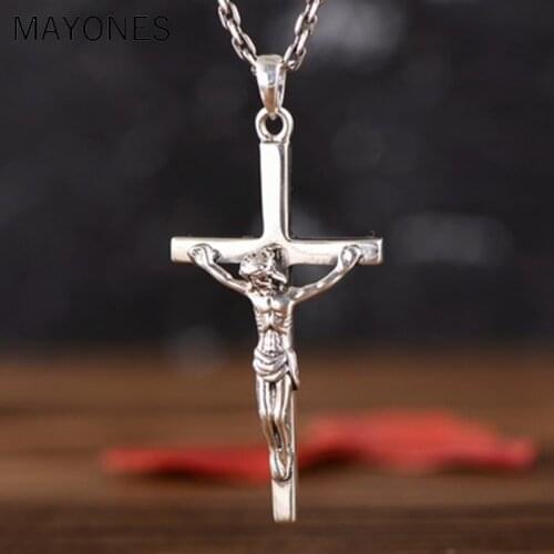 MAYONE 925 Sterling Silver Retro Jesus Cross Crucifix Necklace Pendant Men Women Thai Silver Fine Jewelry Gift