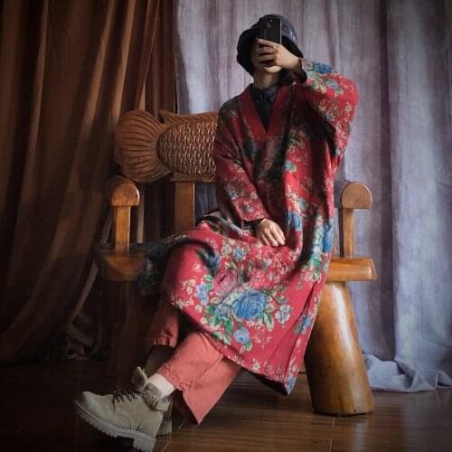 Women Loose Cotton Printed V Neck Padded Dress Ladies Vintage Robes Female 2020 Autumn Winter Print Dresses