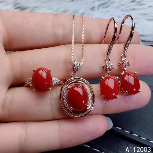 KJJEAXCMY Fine Jewelry 925 sterling silver inlaid natural red coral ring pendant earring set exquisite supports test