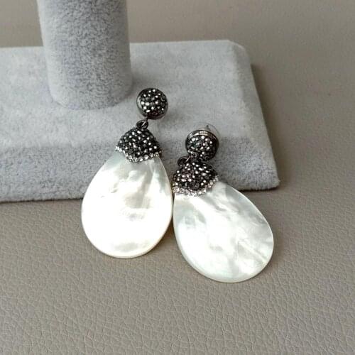 YYGEM natural White Pear shell Black Macarsite pave Earrings Fashion Statement Party Wedding Earrings