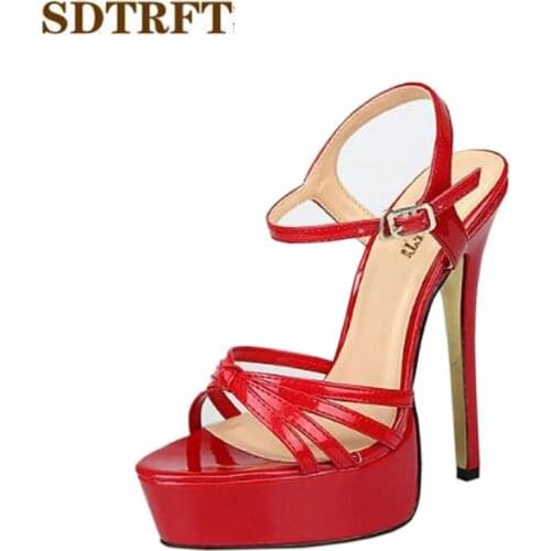 SDTRFT PLUS:45 46 47 48 Women Party Sandals 2020 Summer Elegant 16cm thin High Heels Mujer Dress Shoes Peep Toe Buckle RED pumps