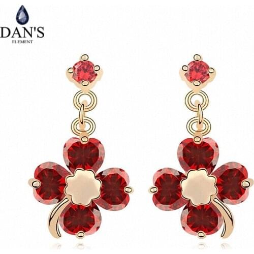 DANS ELEMENT New Sales Genuine Austrian Crystal Champagne Gold Color Flower Earrings For Women Valentines Gift 101234red