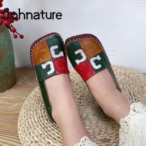 Johnature Genuine Leather Flats Women Shoes Square Toe Mixed Colors 2021 New Retro Handmade Concise Shallow Leisure Ladies Shoes