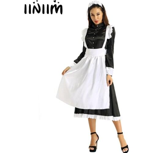 Iiniim Women Exotic Costumes Maid Cosplay Uniform Sexy Clubwear Front Button Long Dress with White Ruffled Apron Headpiece