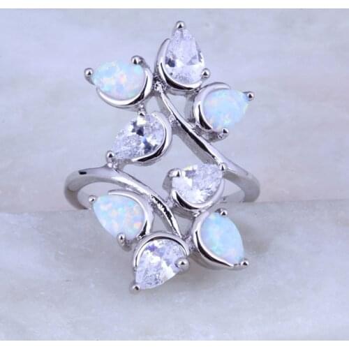 Love Monologue Pretty White Fire Opal & Cubic Zirconia Ring for Party Silver Color Leaf Shaped Jewelry J0537
