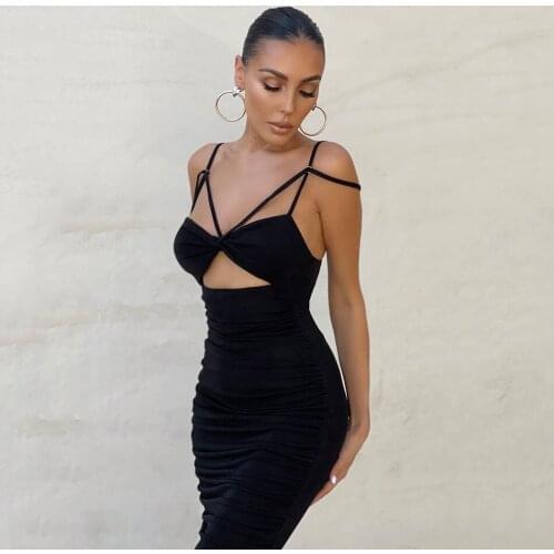 Summer Womens Thin Straps V-neck Bodycon Midi Dress Sleeveless Hollow Folds Sexy Elegant Club Party Dress 2021 New