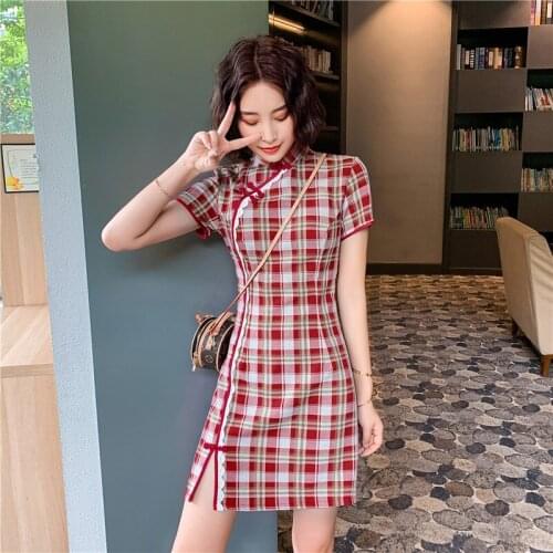 Womens Vintage cheongsam modified chinese plaid qipao dress ladies retro qi pao modern clothing cotton cheongsam