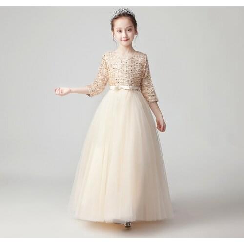 Golden Tulle Sequin Girl Pageant Princess Birthday Dress Long Tulle Kids Wedding First Communion Dress Flower Girl Baptism Gown